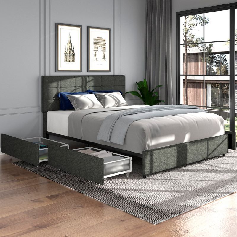 Velvet Upholstered Platform Bed with 4 Drawers of Storage, Adjustable Height Headboard, Metal Frame And Legs, 1 of 9