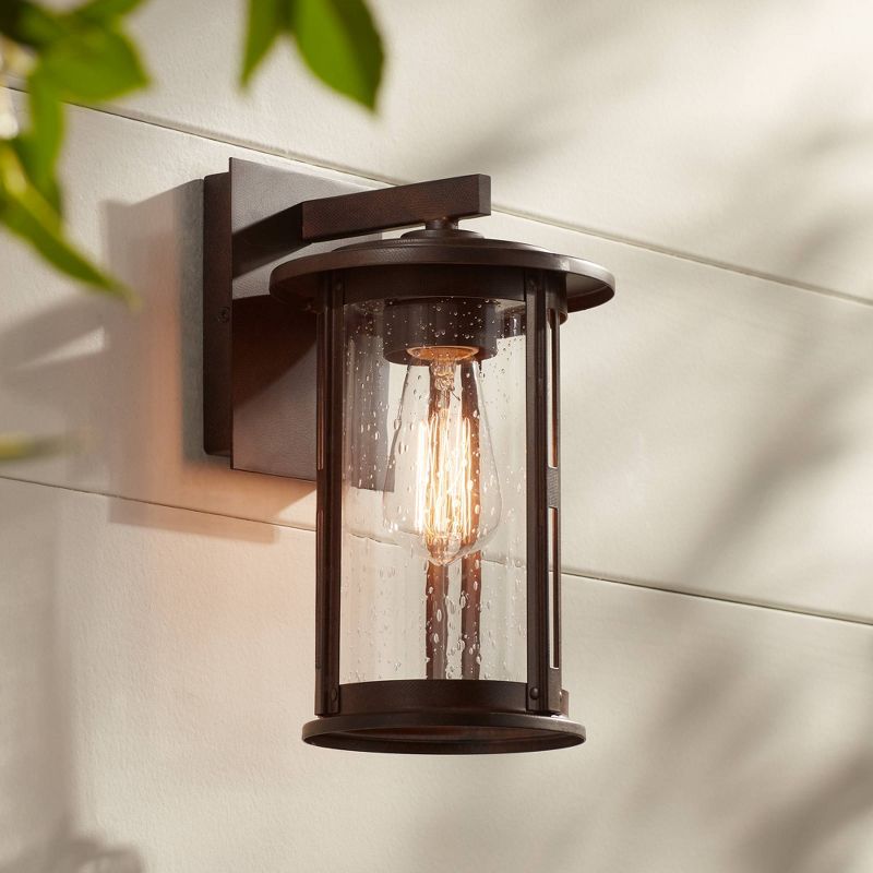 Franklin Iron Works Vintage Industrial Outdoor Wall Light Fixture Bronze Lantern 10 1/2" Seeded Glass Cylinder for Exterior Porch, 2 of 8