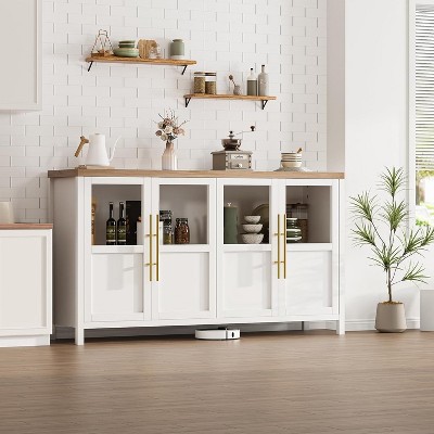 Homhougo Sideboard Buffet Cabinet with 4 Glass Doors, 55" Large Buffet Cabinet with Storage, Modern Farmhouse Storage Cabinet Table