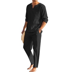 COOFANDY Men's 2 Pieces Cotton Linen Set Henley Shirt Long Sleeve and Casual Beach Pants Summer Yoga Outfits - 1 of 4