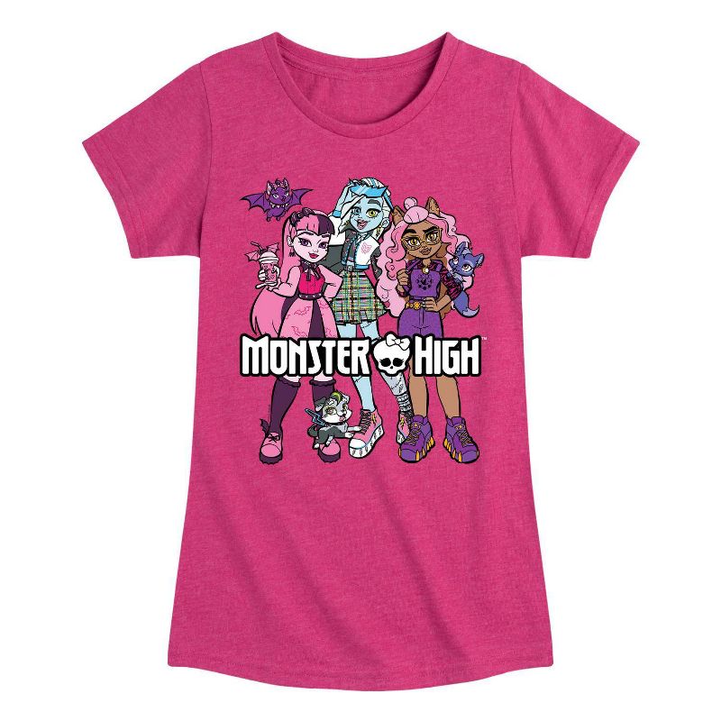 Girls' Monster High with Pets Short Sleeve Graphic T-Shirt - Heather Fuchsia, 1 of 2