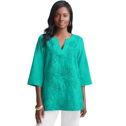 Jessica London Women's Plus Size Linen V-Neck Embroidered Tunic - image 1 of 4