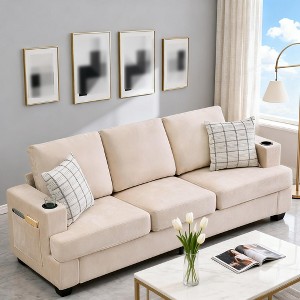 88" Modern Sofa Couch With Soft Armrest, 3 Seater Upholstered Sofa with Cup Holders & Side Pockets, Deep Seat Couch for Living Room Bedroom - 1 of 4