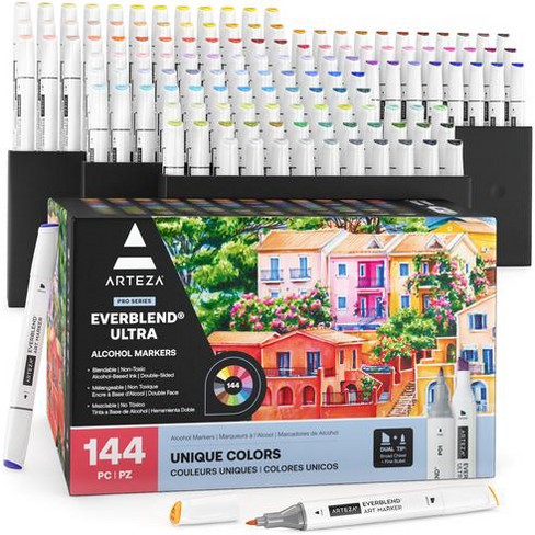 Arteza Professional EverBlend Dual Tip Ultra Artist Brush Sketch Markers,  Bright Colors, Replaceable Tips - 12 Pack 