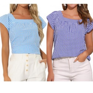 INSPIRE CHIC Women's Summer Square Neck Gingham Cap Sleeve Blouses 2 Packs - 1 of 4