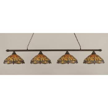 Toltec Lighting Oxford 4 - Light Island Pendant Light in  Bronze with 16" Amber Dragonfly Art Glass Shade