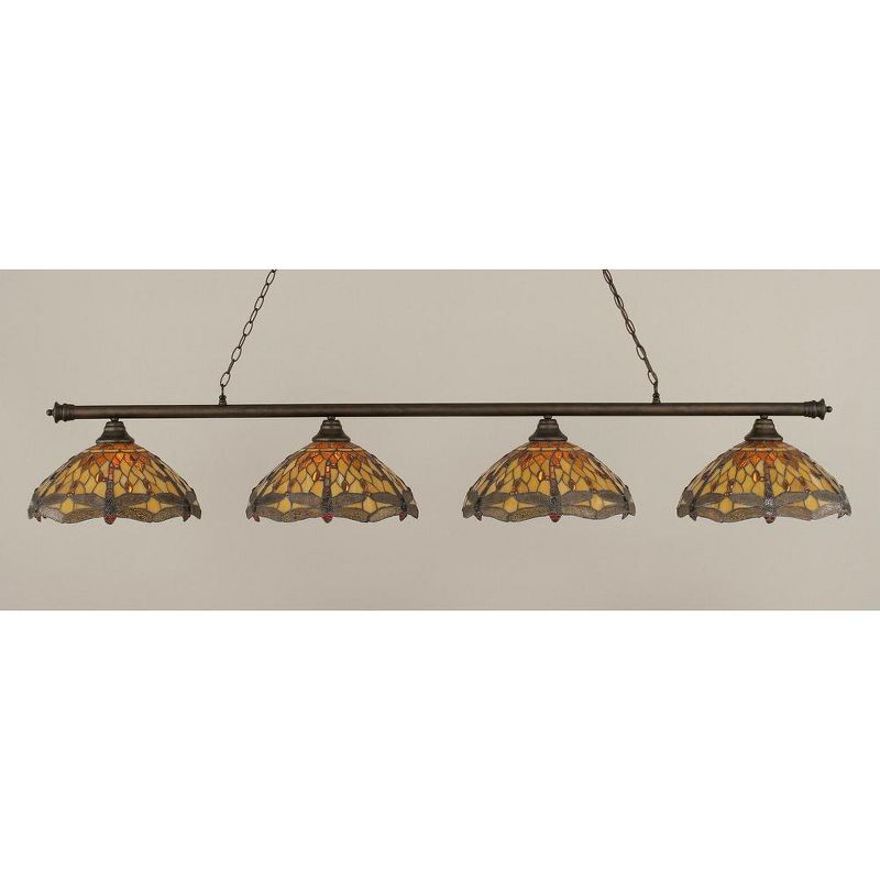 Toltec Lighting Oxford 4 - Light Island Pendant Light in  Bronze with 16" Amber Dragonfly Art Glass Shade, 1 of 2