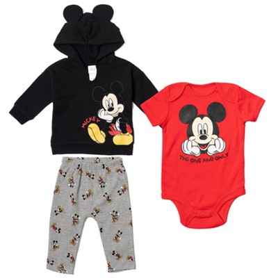 Image of Disney Mickey Mouse Newborn Baby Boy or Girl Fleece Pullover Hoodie Bodysuit and Pants 3 Piece Outfit Set Black / Red