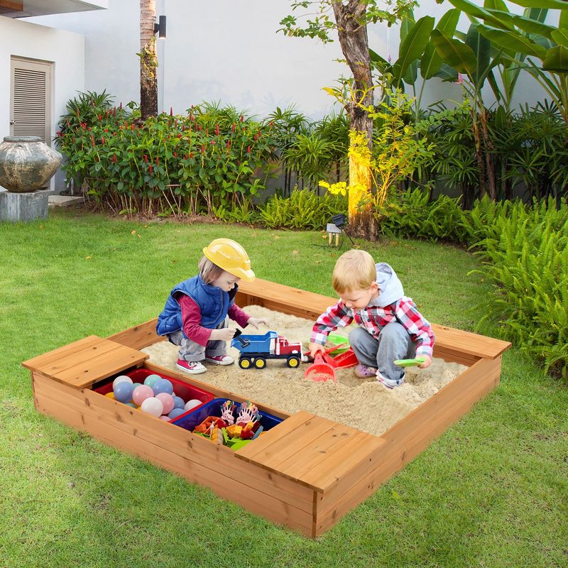 Costway Kids Wooden Sandbox w/ Bench Seats & Storage Boxes  Children Outdoor Playset, 3 of 11