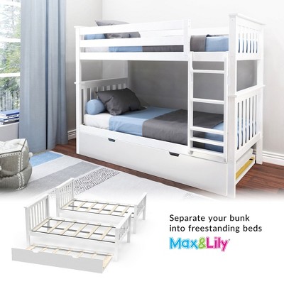White Twin Over Twin Bunk Bed with Trundle and Storage