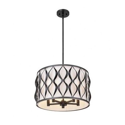 Harden Matte Black Steel Drum Pendant Light with White Fabric Shade