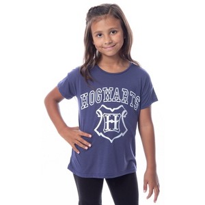Seven Times Six Harry Potter Youth Girls' Hogwarts Silver Foil Print Short Sleeve T-Shirt Blue - 1 of 3
