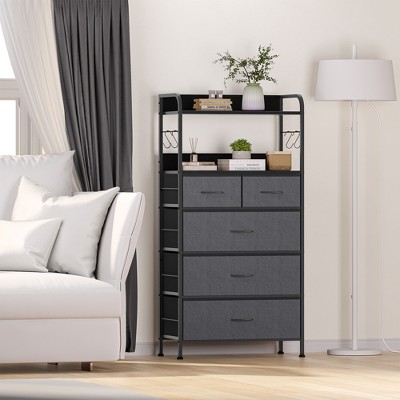 COZONY 5-Drawer Dresser Storage Organizer with Fabric Bins, Wood Top & Sturdy Steel Frame, Easy-Pull Handles — Space-Saving for Bedroom & Hallway