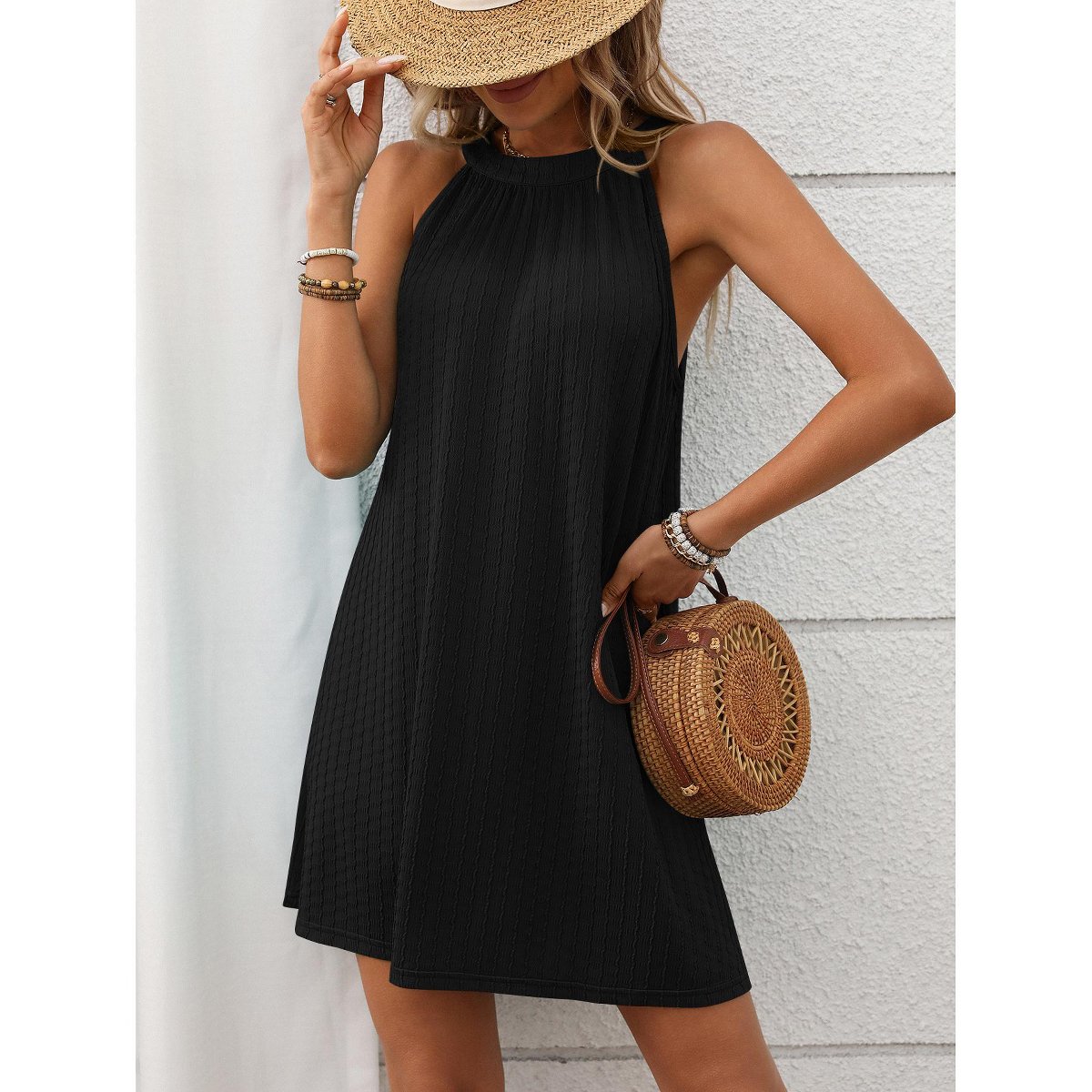 Женские платья YesFashion Women’s Summer Dresses Halter Neck Sleeveless Loose Shift Casual Summer Tunic Mini Dress ,M,Black — фото 4