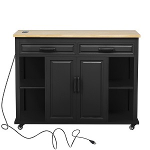 Gulches 47" Extendable Kitchen Island with Dining Table, Black MDF/Rubber Wood, Built-in Power Outlet, 2 Drawers & 2 Cabinets, Mobile/Stationary - 1 of 4