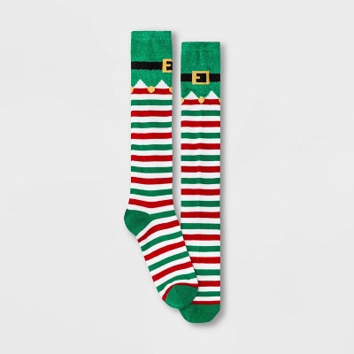 Women's Fuzzy Elf Striped Holiday Knee High Socks - Wondershop™ Green 4-10