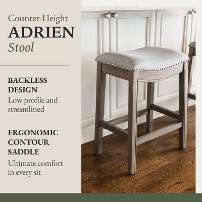 Adrien Gray Upholstered Backless Saddle Wood Counter Stools, Set of 2