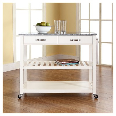 White Granite Top Kitchen Cart with Wine Rack and Storage