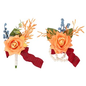 Unique Bargains Rose Corsage and Boutonnieres Set For Party Wedding Flowers Pin 2.76 Inch 2 Pcs - 1 of 4