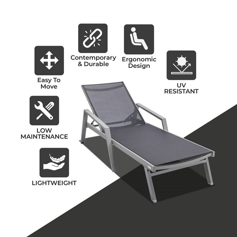 LeisureMod Marlin Patio Sling Chaise Lounge Chair With Arms in Grey Aluminum, Black, 3 of 13