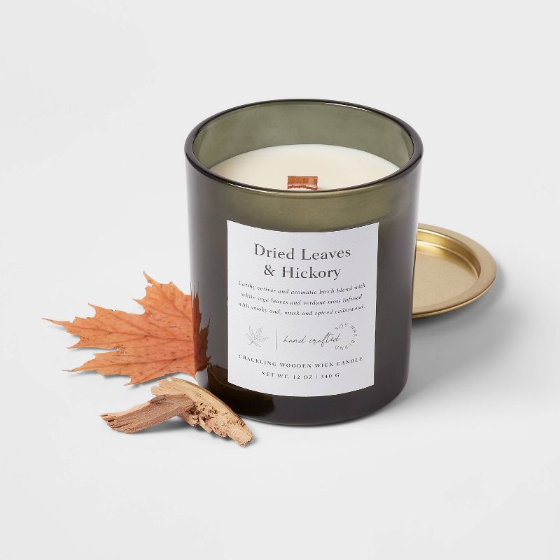 Clear Colored Glass with Woodwick and Brass Metal Inset Lid Dried Leaves + Hickory Candle Green - Threshold™, 3 of 5