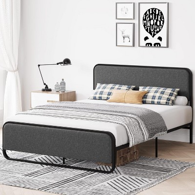 Full Size Metal Bed Frame with Curved Upholstered Headboard and Footboard, 10.3'' Underbed Space, No Box Spring Needed, Easy Assembly, Beige