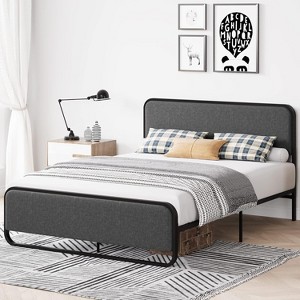 Full Size Metal Bed Frame with Curved Upholstered Headboard and Footboard, 10.3'' Underbed Space, No Box Spring Needed, Easy Assembly, Beige - 1 of 4