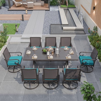 ALAULM 9-piece outdoor balcony dining set, including 8 rattan rocking chairs and 1 large table with umbrella hole, blue.