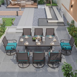 ALAULM 9-piece outdoor balcony dining set, including 8 rattan rocking chairs and 1 large table with umbrella hole, blue. - 1 of 4