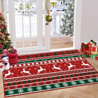 TackView Christmas Rug, Xmas Holiday Carpet with Reindeer Snowflake and Tree Design, Washable Non Slip Floor Mat for Bedroom Living Room