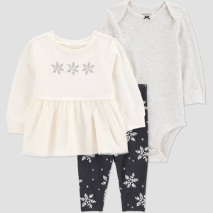 Carter's Just One You® Baby Girls' 3pc Snowflake Peplum Sweatshirt with Long Sleeve Bodysuit and Leggings Set - Cream - 1 of 4