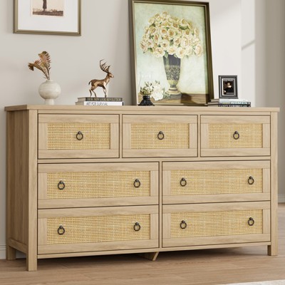 Rattan 7 Dresser for Bedroom, 54in Natural Oak Dresser with Vintage Circle Handles, Boho Wooden Chest of Drawer for Nursery Living Room Entryway