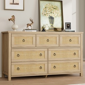Rattan 7 Dresser for Bedroom, 54in Natural Oak Dresser with Vintage Circle Handles, Boho Wooden Chest of Drawer for Nursery Living Room Entryway - 1 of 4