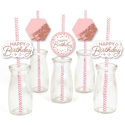 Big Dot of Happiness Pink Rose Gold Birthday - Paper Straw Decor - Happy Birthday Party Striped Decorative Straws - Set of 24