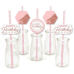 Big Dot of Happiness Pink Rose Gold Birthday - Paper Straw Decor - Happy Birthday Party Striped Decorative Straws - Set of 24 - 1 of 4