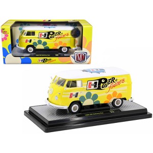 1960 Volkswagen Delivery Van Yellow w/Bright White Top & Flower Graphics Ltd Ed 1/24 Diecast Model Car by M2 Machines - 1 of 3