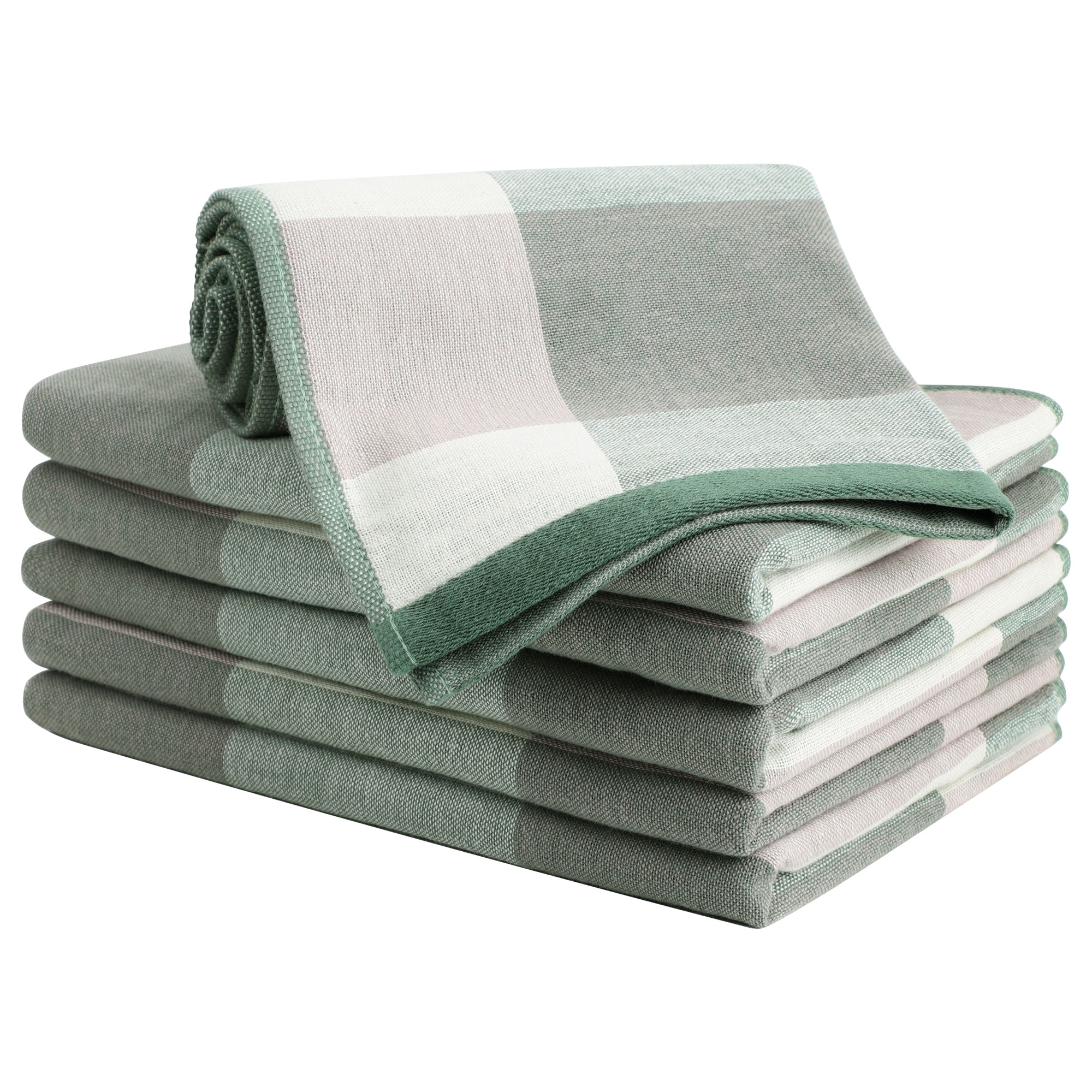 PiccoCasa 6pcs 100% Cotton Kitchen Towel Absorbent Dish Towels for Cleaning Green and White 13" x 29"