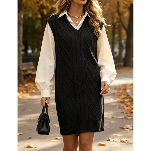 Women V Neck Cable Knit Sleeveless Sweater Vest Dress Loose Mini