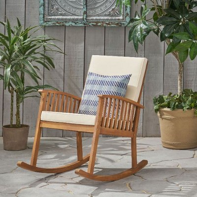 Rustic Acacia Wood Accent Chair, Wood Rocking Chair with Water-Resistant Cushions, Armchair for Porch, Garden or Bedroom -Christopher Knight Home