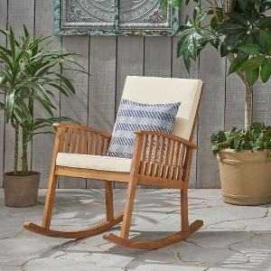 Rustic Acacia Wood Accent Chair, Wood Rocking Chair with Water-Resistant Cushions, Armchair for Porch, Garden or Bedroom -Christopher Knight Home - 1 of 4
