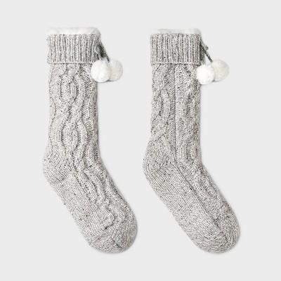 Women's Sequin Twist Cable Knit Faux Shearling Lined Slipper Socks with Faux Fur Poms & Grippers - Charcoal Heather 4-10