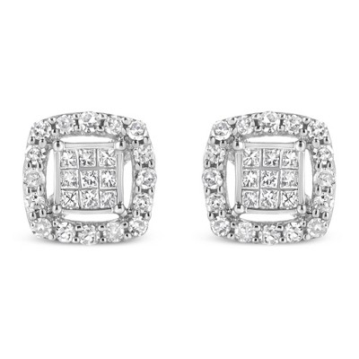 Haus of Brilliance Silver 1/2 Cttw Round and Princess-Cut Diamond Stud Earrings