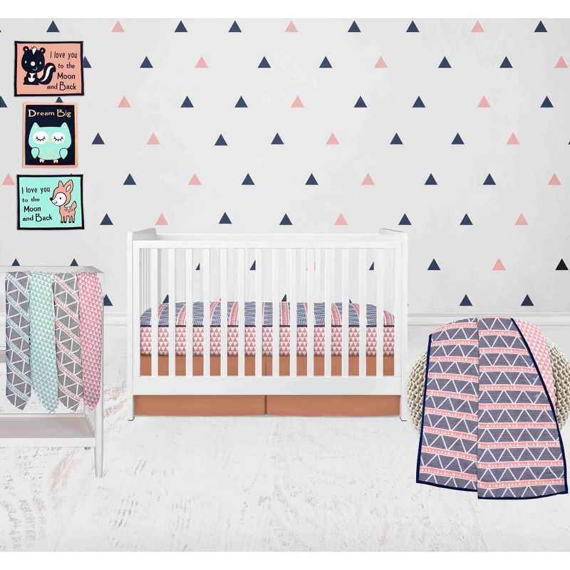 Bacati - Girls Triangles Mint Navy 10 pc Crib Bedding Set with 4 Swaddling Blankets, 1 of 9