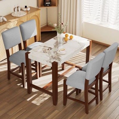 ChicFurnit Dining Sets Counter Height Faux Marble Table with Upholstered Chairs for Modern Spaces, White Gray, 51.25"*31.5"*5.1"