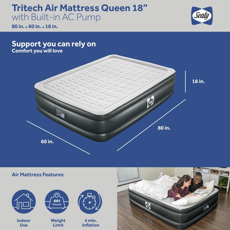 Sealy Tritech Inflatable Indoor or Outdoor Air Mattress Bed 18" Airbed with Built-In AC Pump, Storage Bag, and Repair Patch, 3 of 8
