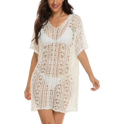 Anna-Kaci Swim Women's White Crochet Cover Up Bathing Suit 3/4 Sleeve Tassel Dress Beach Wear