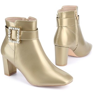 BLISSFUL STEP Women's Square Toe Chunky Heel Rhinestone Buckle Decor Ankle Boots - 1 of 4