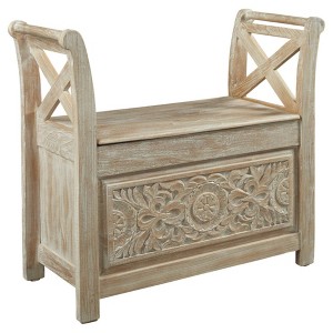 Fossil Ridge Accent Bench Whitewash - Signature Design by Ashley: Modern Storage Ottoman, Entryway Furniture - 1 of 4