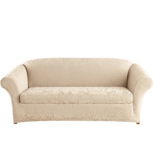 Stretch Jacquard Damask Sofa Slipcover Oyster - Sure Fit: Polyester & Spandex, Machine Washable, Elastic-Fit - 1 of 3