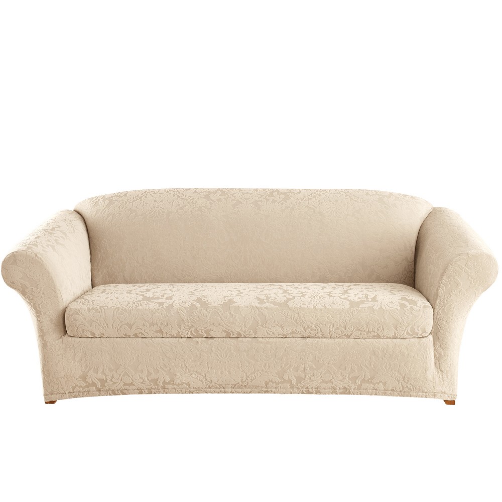 Photos - Furniture Cover Stretch Jacquard Damask Sofa Slipcover Oyster - Sure Fit: Polyester & Span